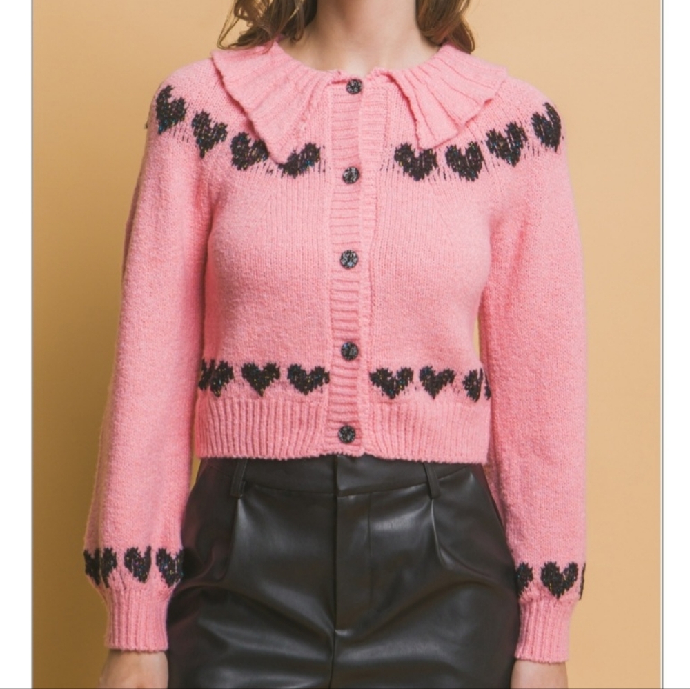 Pink / Black Heart Accent Crop Button Up Cardigan Sweater